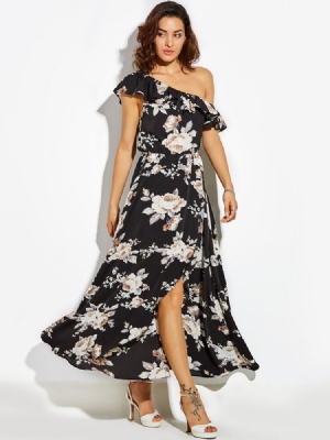 Damen-maxikleid Mit Schrägem Kragen Und Rüschen-print