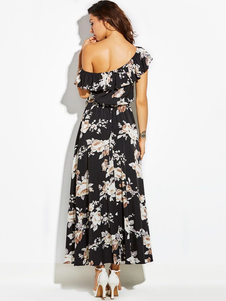 Damen-maxikleid Mit Schrägem Kragen Und Rüschen-print