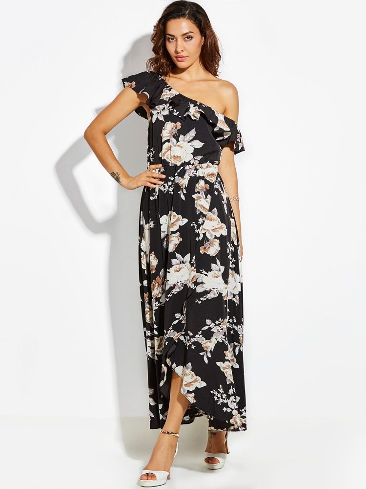 Damen-maxikleid Mit Schrägem Kragen Und Rüschen-print