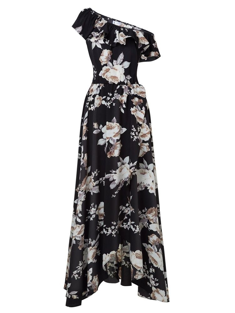 Damen-maxikleid Mit Schrägem Kragen Und Rüschen-print