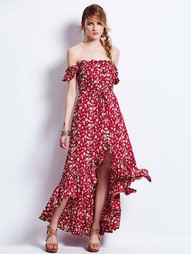 Damen-maxikleid Mit Slash-neck-print Und Puffärmeln