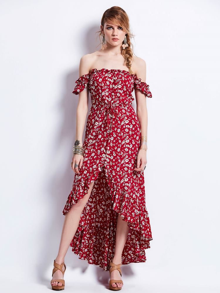 Damen-maxikleid Mit Slash-neck-print Und Puffärmeln