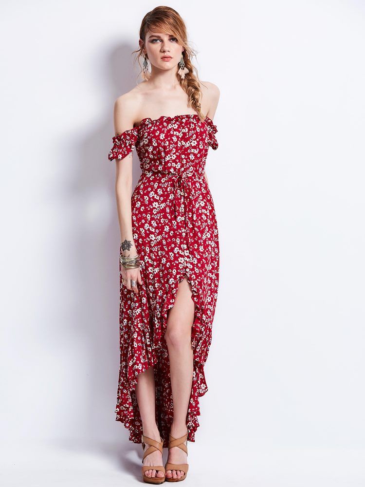 Damen-maxikleid Mit Slash-neck-print Und Puffärmeln