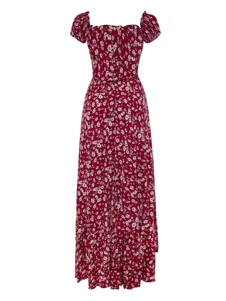 Damen-maxikleid Mit Slash-neck-print Und Puffärmeln