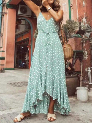 Damen Polka Dots Asymmetrisches Bodenlanges Ärmelloses Sommerkleid Mit V-ausschnitt