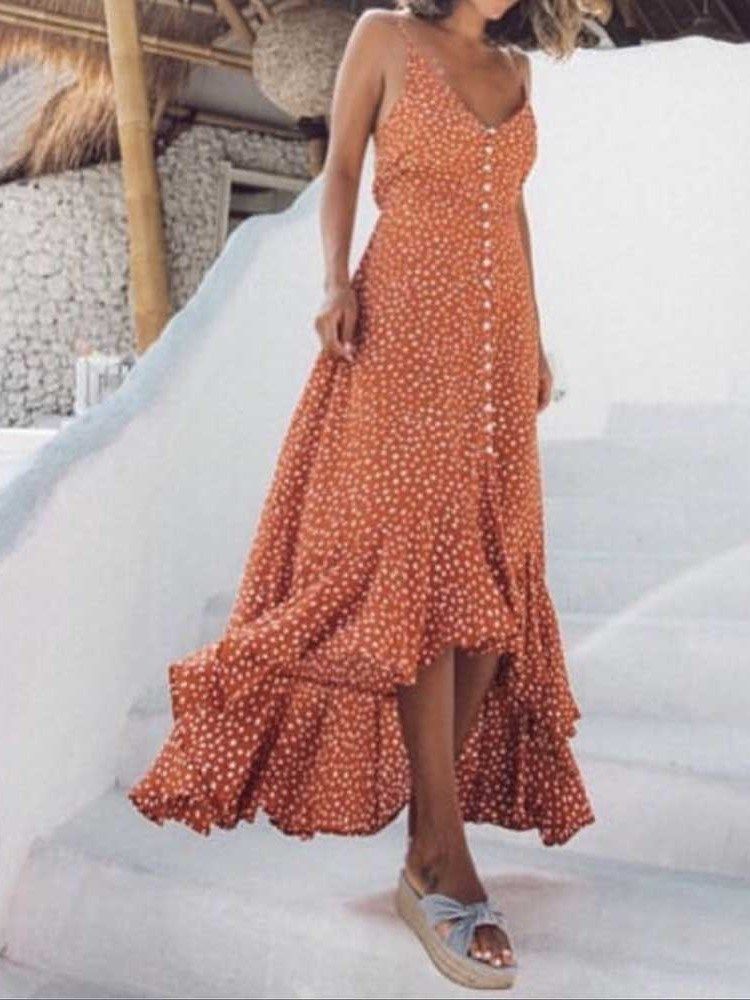 Damen Polka Dots Asymmetrisches Bodenlanges Ärmelloses Sommerkleid Mit V-ausschnitt