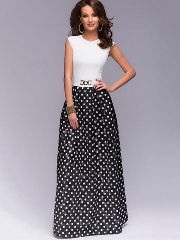 Damen Polka Dots Color Block Expansion Maxikleid