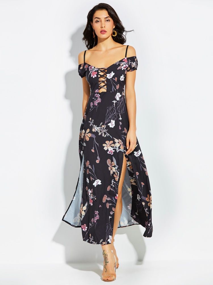 Damen Spaghettiträger Rückenfreies Maxikleid Mit Print