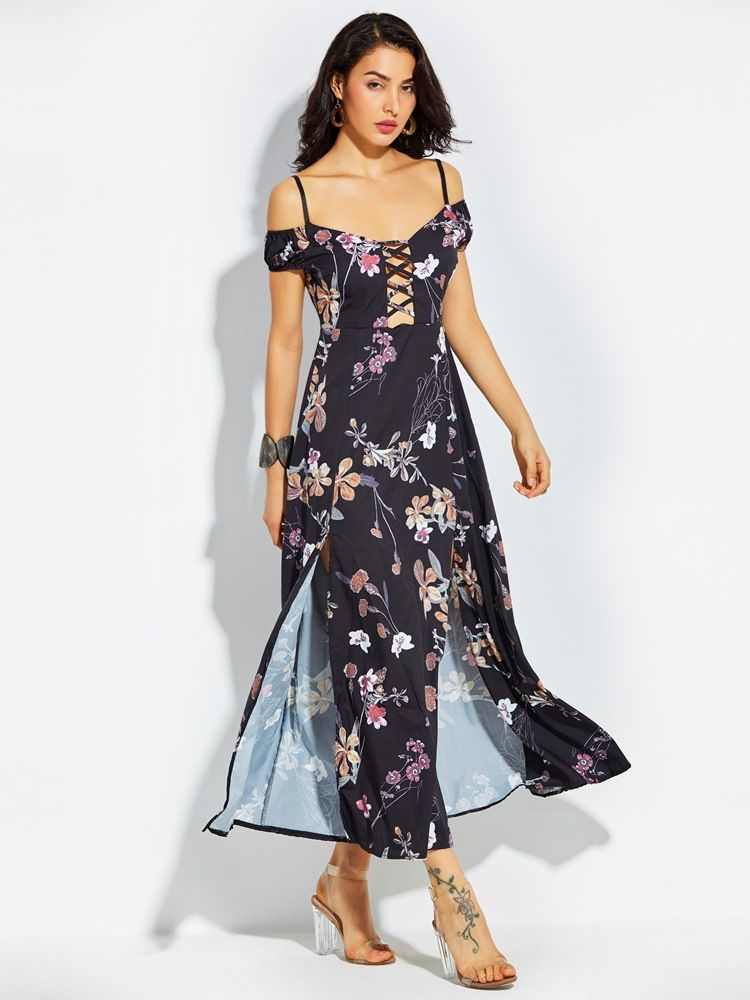 Damen Spaghettiträger Rückenfreies Maxikleid Mit Print