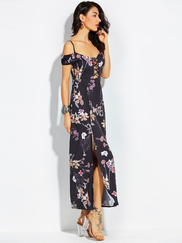 Damen Spaghettiträger Rückenfreies Maxikleid Mit Print