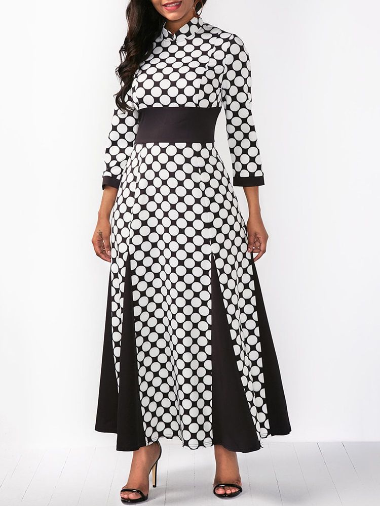 Damen Stehkragen Polka Dots Color Block Maxikleid