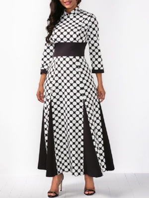 Damen Stehkragen Polka Dots Color Block Maxikleid