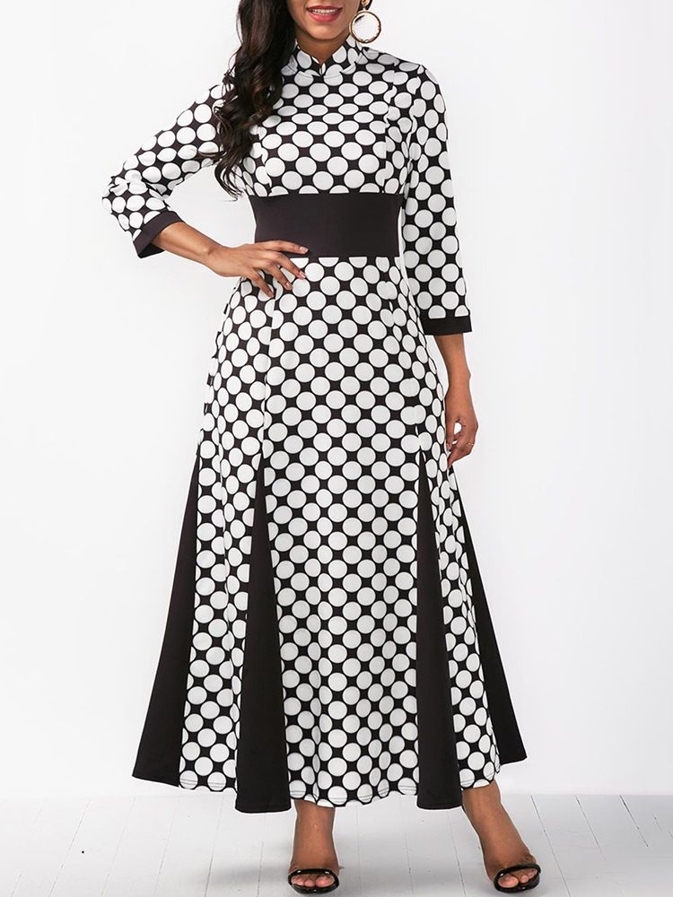 Damen Stehkragen Polka Dots Color Block Maxikleid