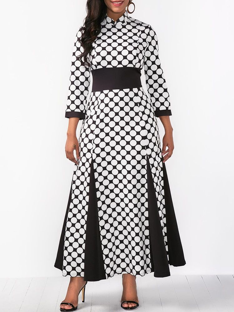 Damen Stehkragen Polka Dots Color Block Maxikleid