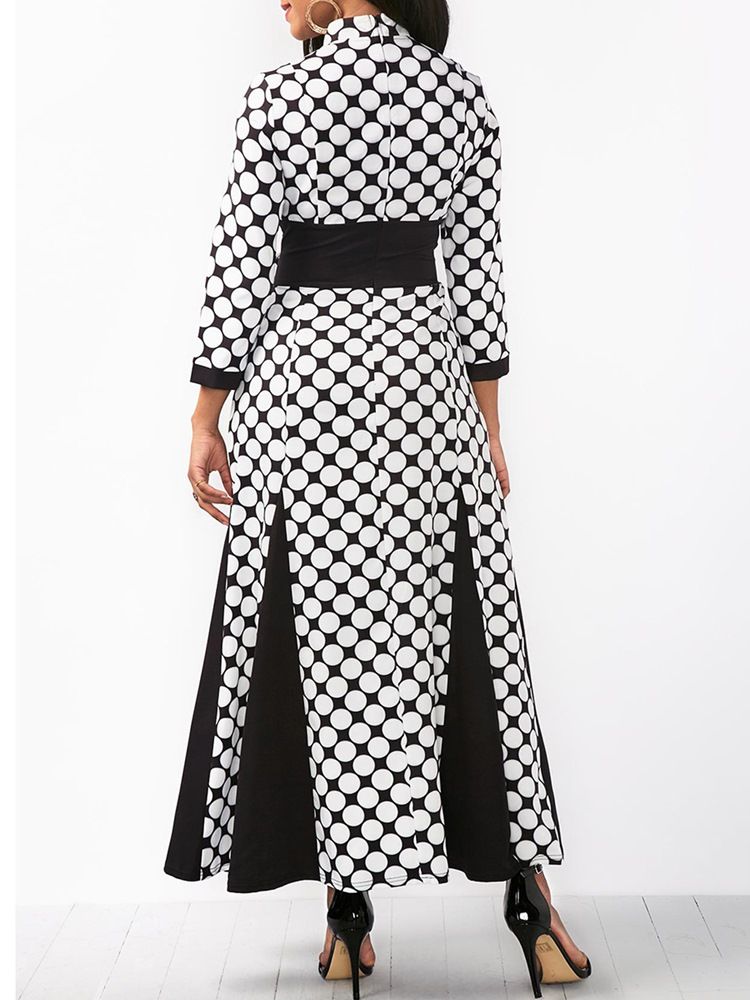 Damen Stehkragen Polka Dots Color Block Maxikleid