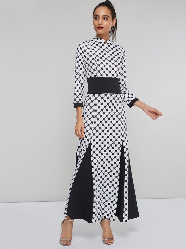 Damen Stehkragen Polka Dots Color Block Maxikleid