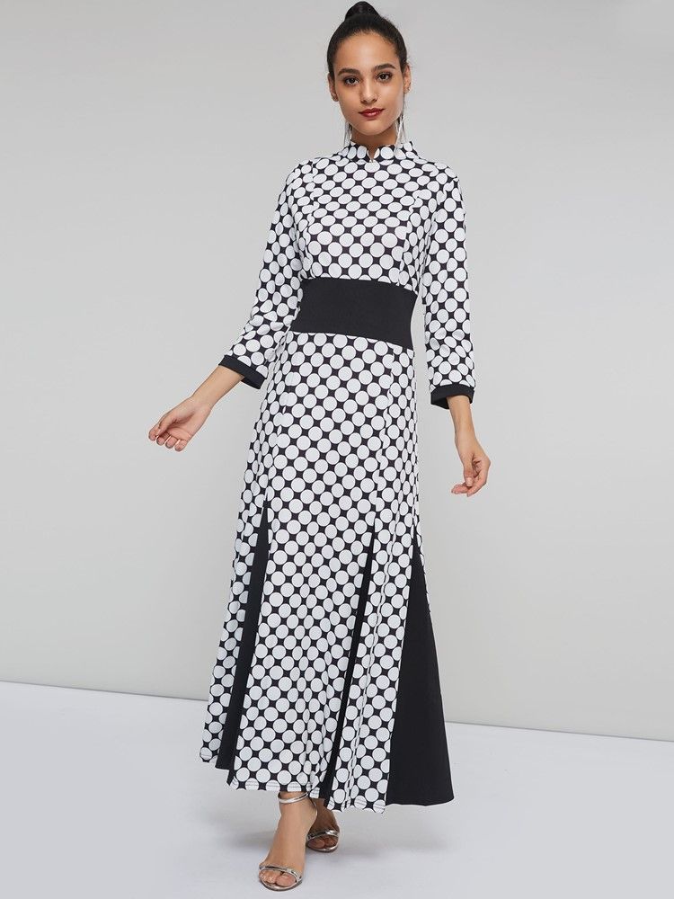 Damen Stehkragen Polka Dots Color Block Maxikleid