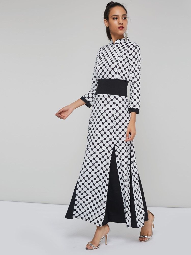 Damen Stehkragen Polka Dots Color Block Maxikleid