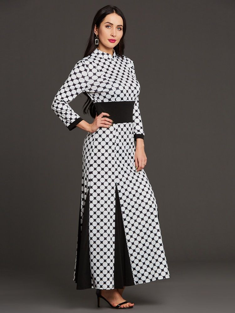 Damen Stehkragen Polka Dots Color Block Maxikleid