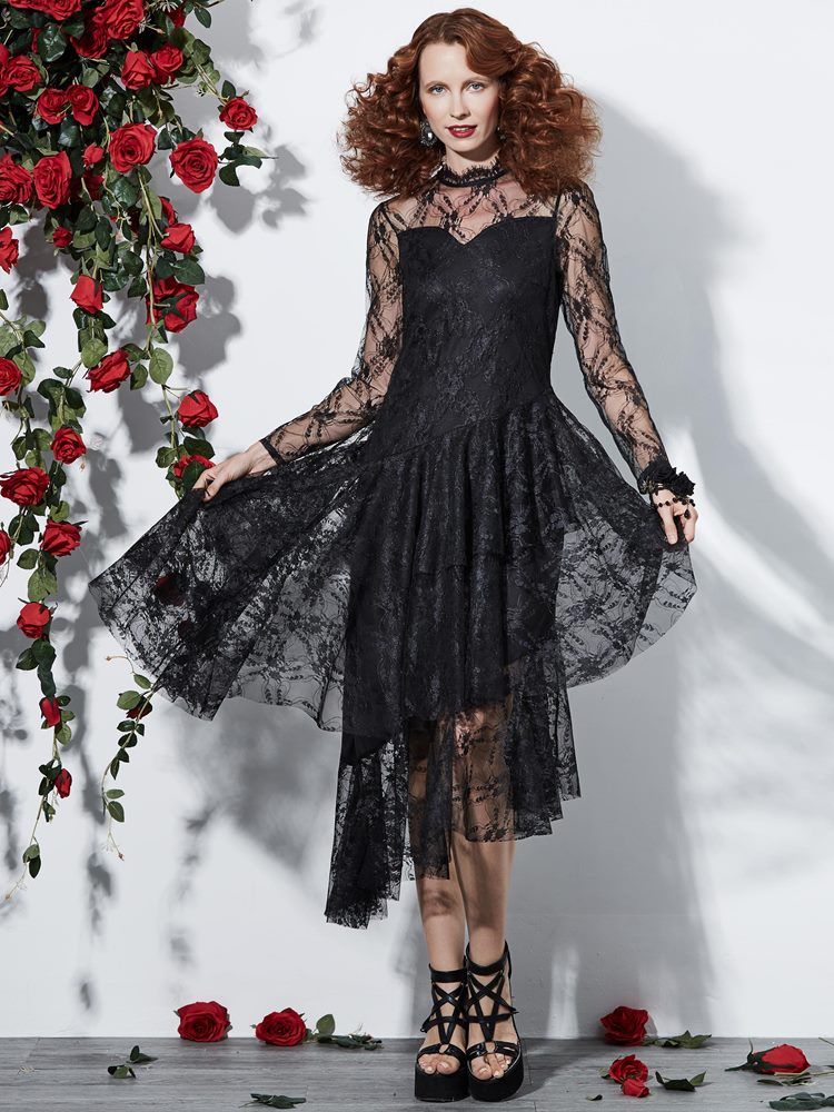 Halloween-spitze Mit Langen Ärmeln Asymmetrisches Damenkleid