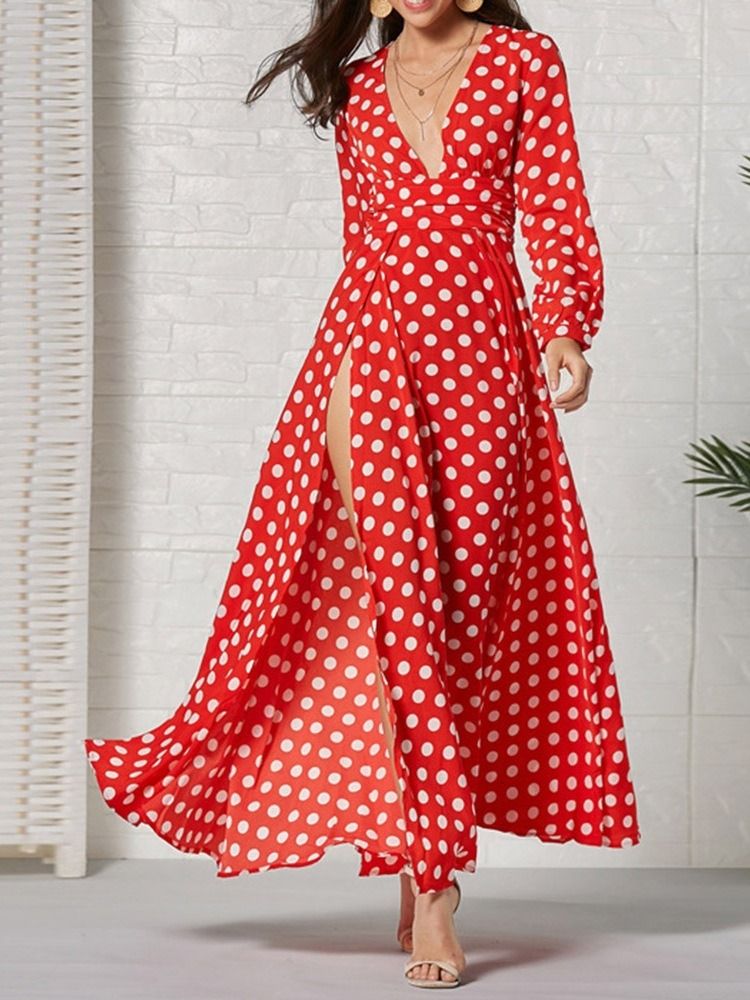 Langarm Knöchellang V-ausschnitt Fashion Polka Dots Damenkleid