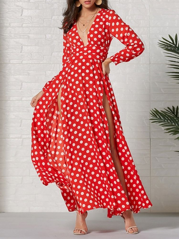 Langarm Knöchellang V-ausschnitt Fashion Polka Dots Damenkleid