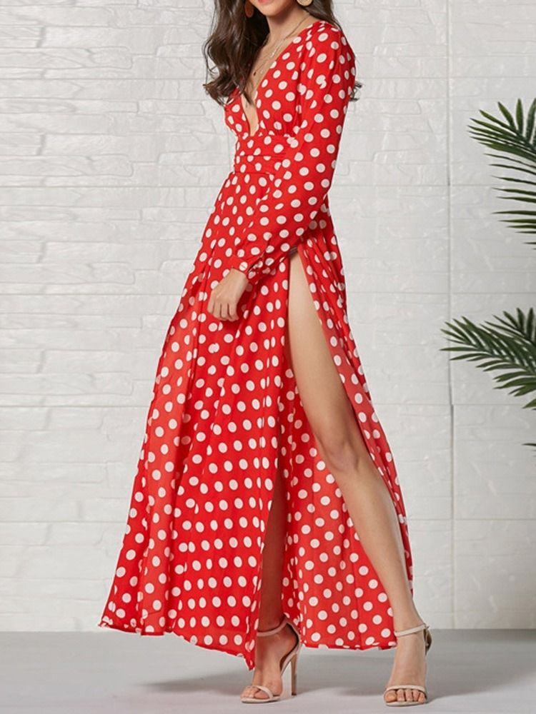 Langarm Knöchellang V-ausschnitt Fashion Polka Dots Damenkleid