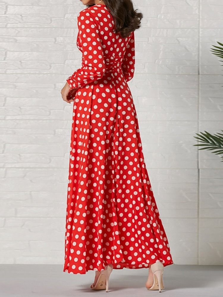 Langarm Knöchellang V-ausschnitt Fashion Polka Dots Damenkleid