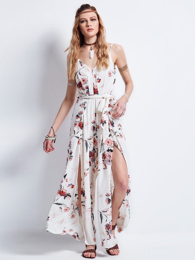 Zartes Blumen-spaghetti-träger-maxikleid Zum Schnüren Für Damen