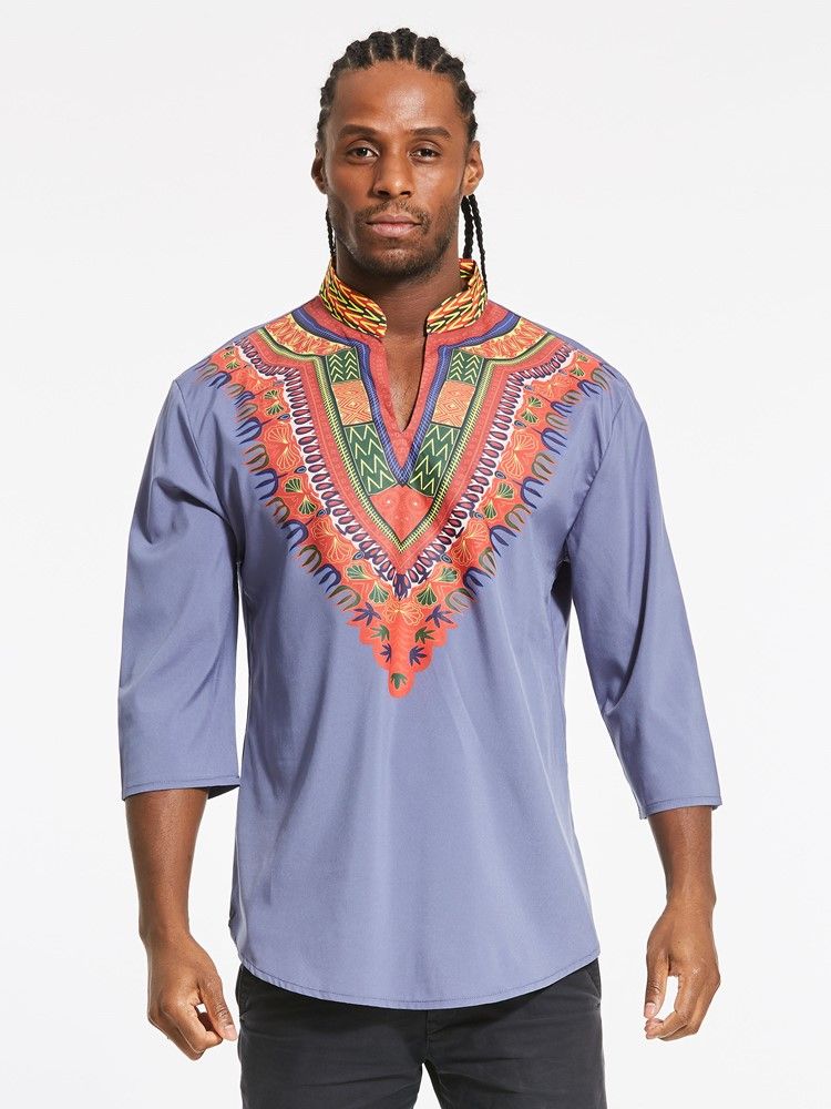 African Fashion Dashiki Print Color Block V-ausschnitt Slim Herren T-shirt