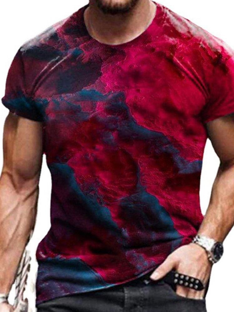 Farbblock Rundhals Print Pullover Kurzarm Herren T-shirt