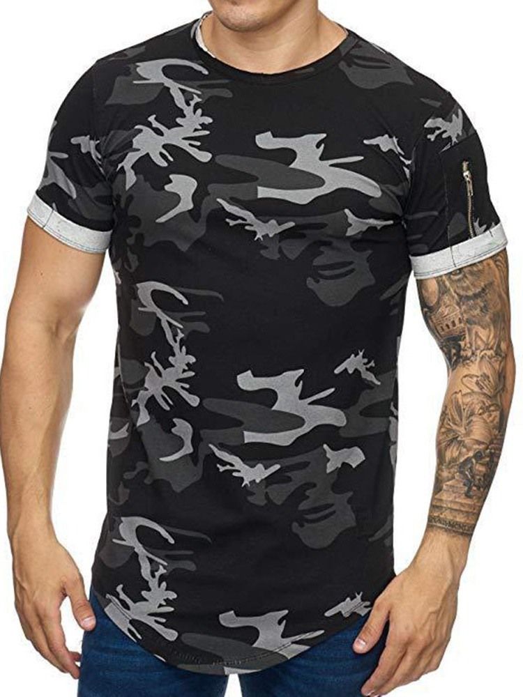 Lässiges Rundhals-reißverschluss Kurzarm Herren Slim T-shirt