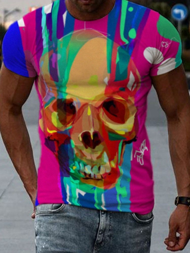 Skull Print Slim Kurzarm Herren T-shirt