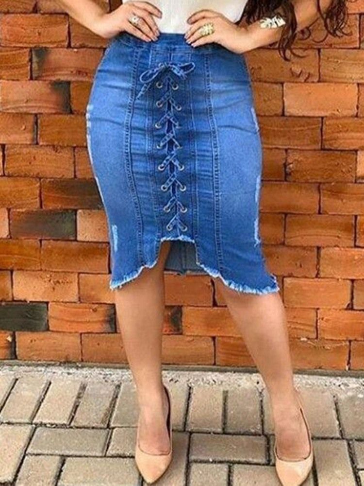 Damen-asymmetrischer Denim-einfarbiger Schnürrock Mit Mittlerer Taille