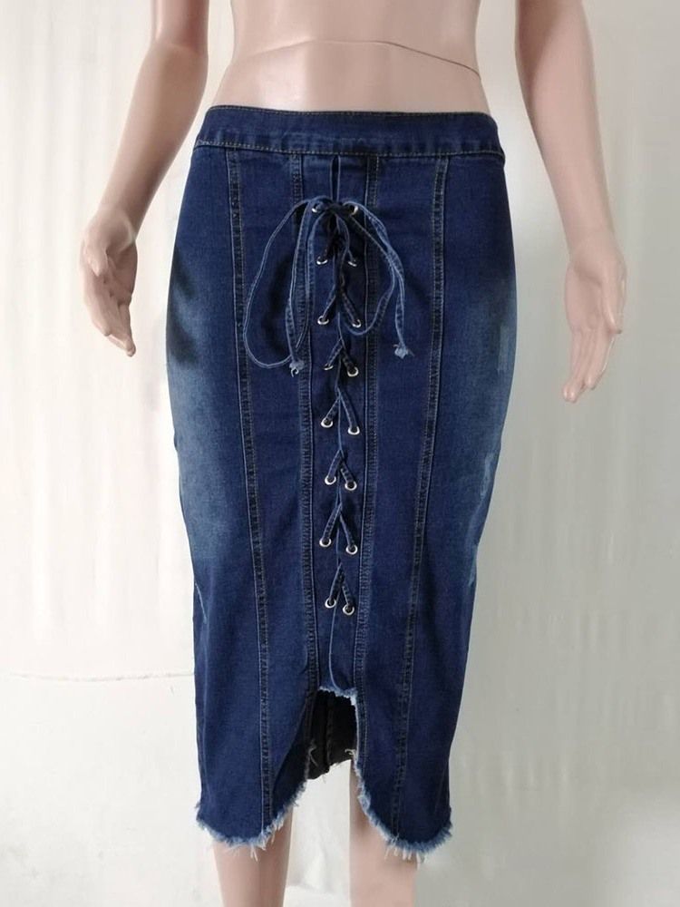 Damen-asymmetrischer Denim-einfarbiger Schnürrock Mit Mittlerer Taille