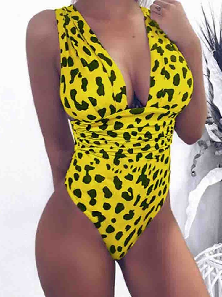 Damen Leopard Einteiler Sexy Color Block Bademode