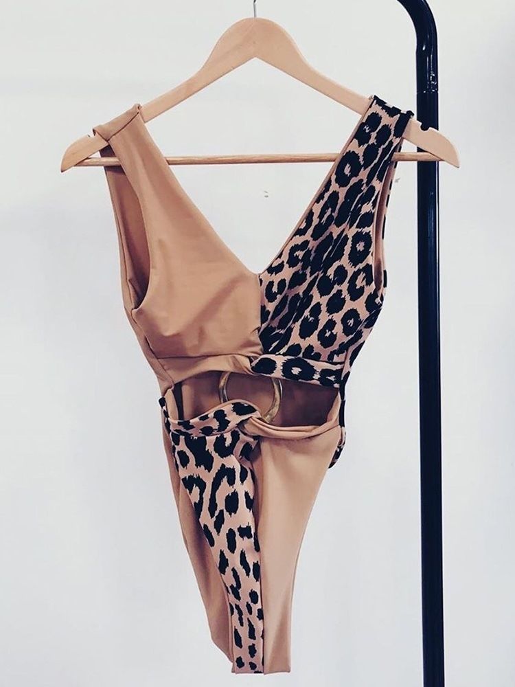 Damen Leopard Print Sexy Color Block Bademode