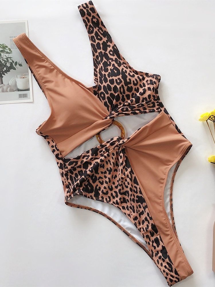 Damen Leopard Print Sexy Color Block Bademode