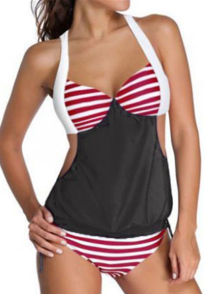 Damen Patchwork Stripe Hollow Tankini Set Bademode