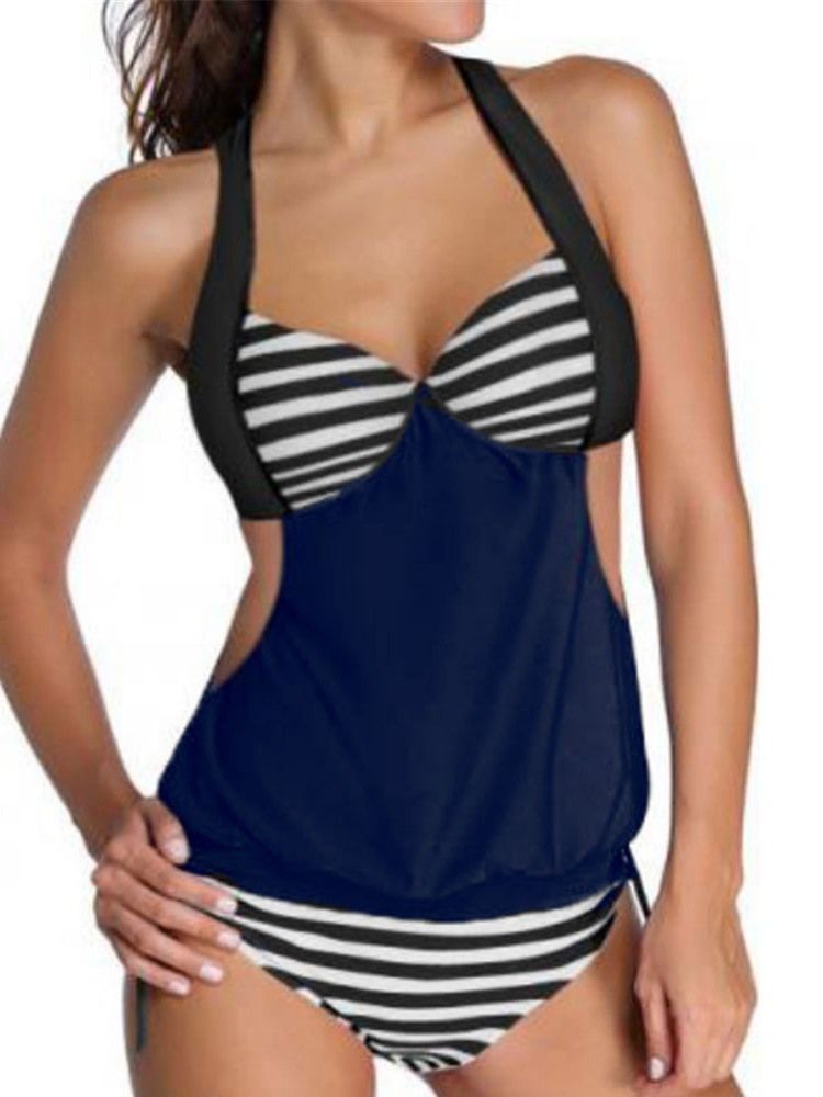 Damen Patchwork Stripe Hollow Tankini Set Bademode