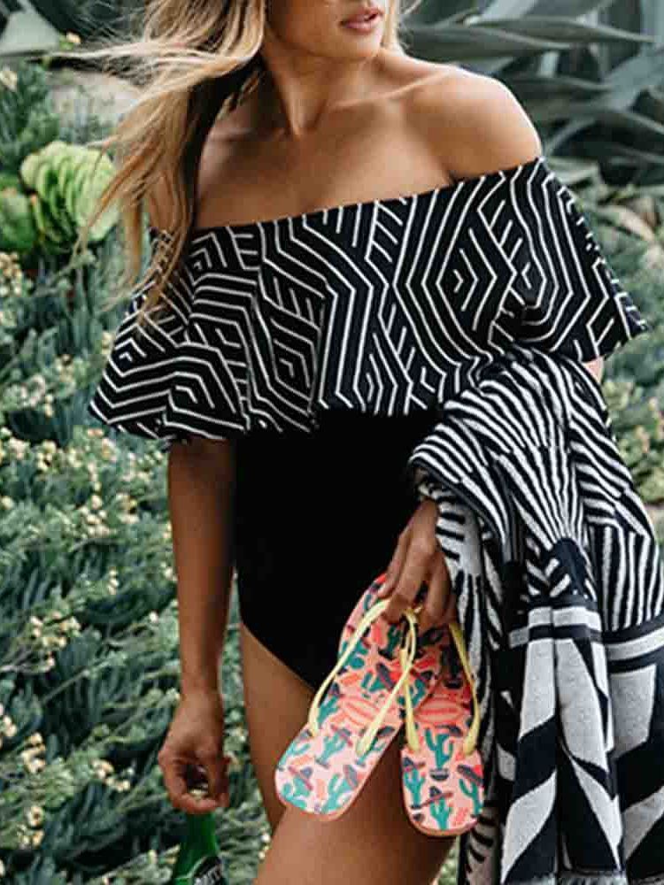 Frauen Off Shoulder Print Color Block Sexy Bademode