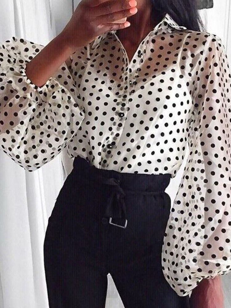 Laternenärmel Revers Polka Dots Damen Langarm Standardbluse