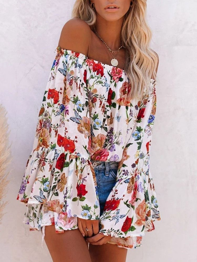 Off Shoulder Blumendruck Standard Langarm Damenbluse