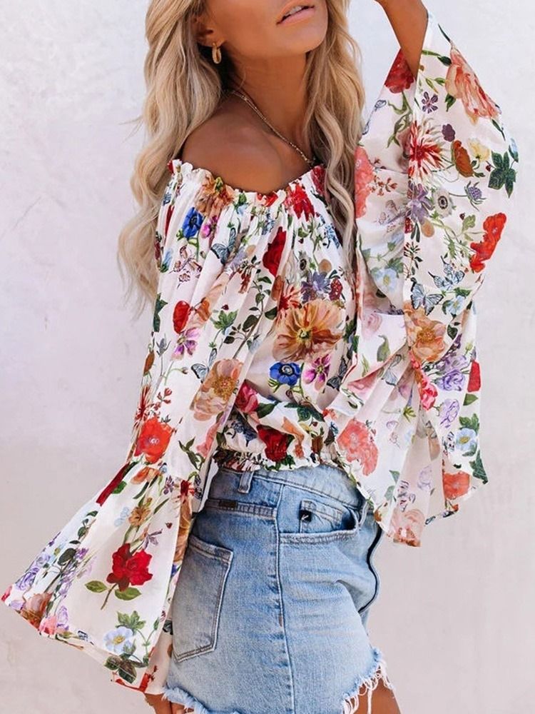 Off Shoulder Blumendruck Standard Langarm Damenbluse