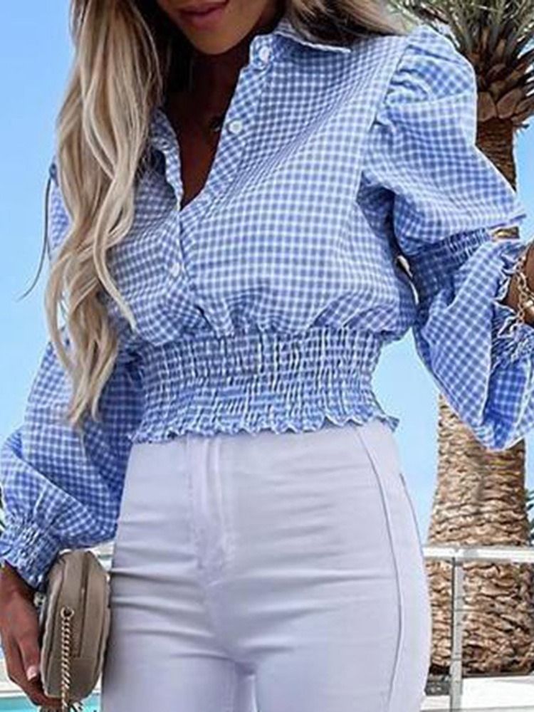 Plaid Revers Print Langarm Standard Damenbluse