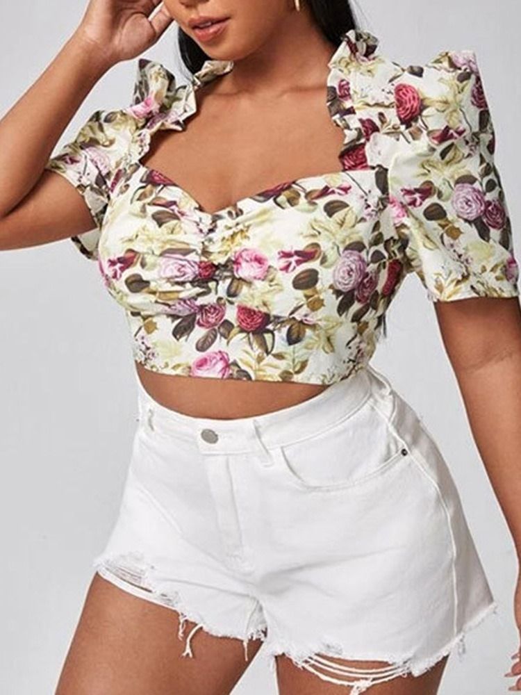 Plissierte Blumen Square Neck Short Damen Kurzarmbluse