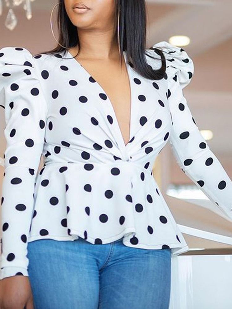 Polka Dots Print V-ausschnitt Damen Langarm Standardbluse