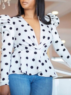 Polka Dots Print V-ausschnitt Damen Langarm Standardbluse