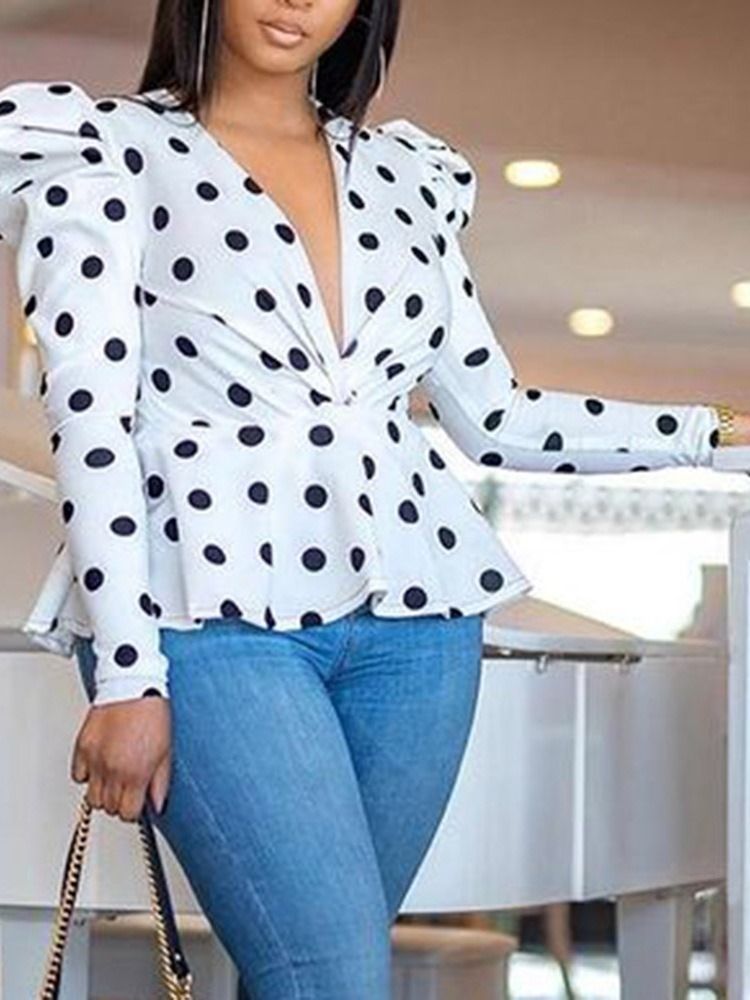 Polka Dots Print V-ausschnitt Damen Langarm Standardbluse