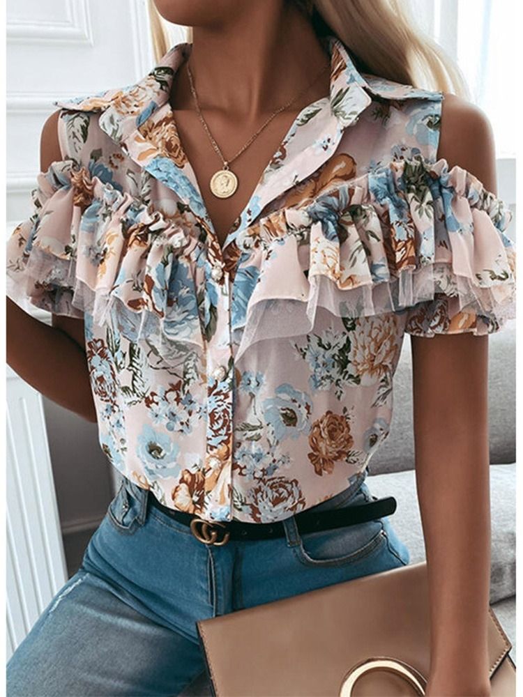 Print Blumen Revers Kurzarm Damen Standardbluse